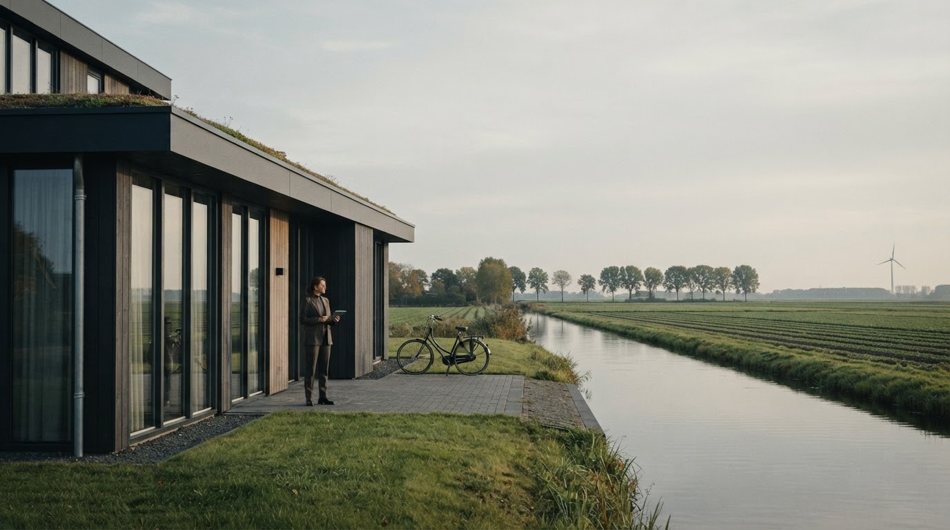 Vermogatie — minimalistische werkplek met laptop en een vervaagde kustlijn op de achtergrond